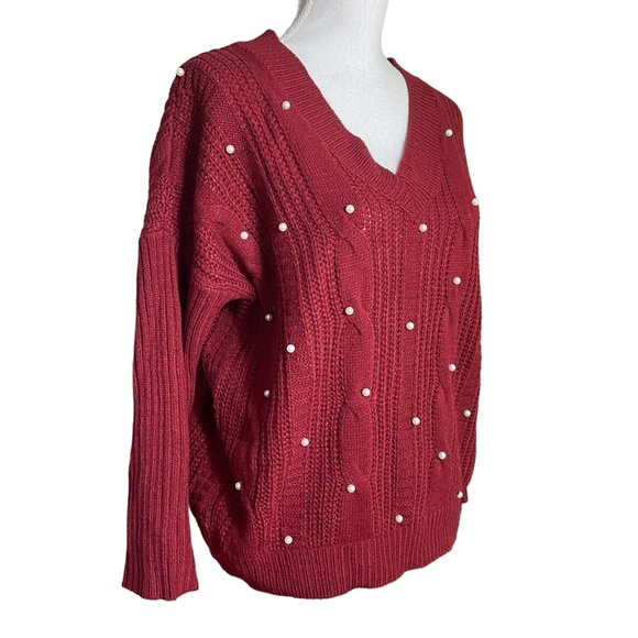 Pearl Cable Knit Sweater S V-Neck Burgundy Red Ribbed Pullover Slouchy - Picture 1 of 13